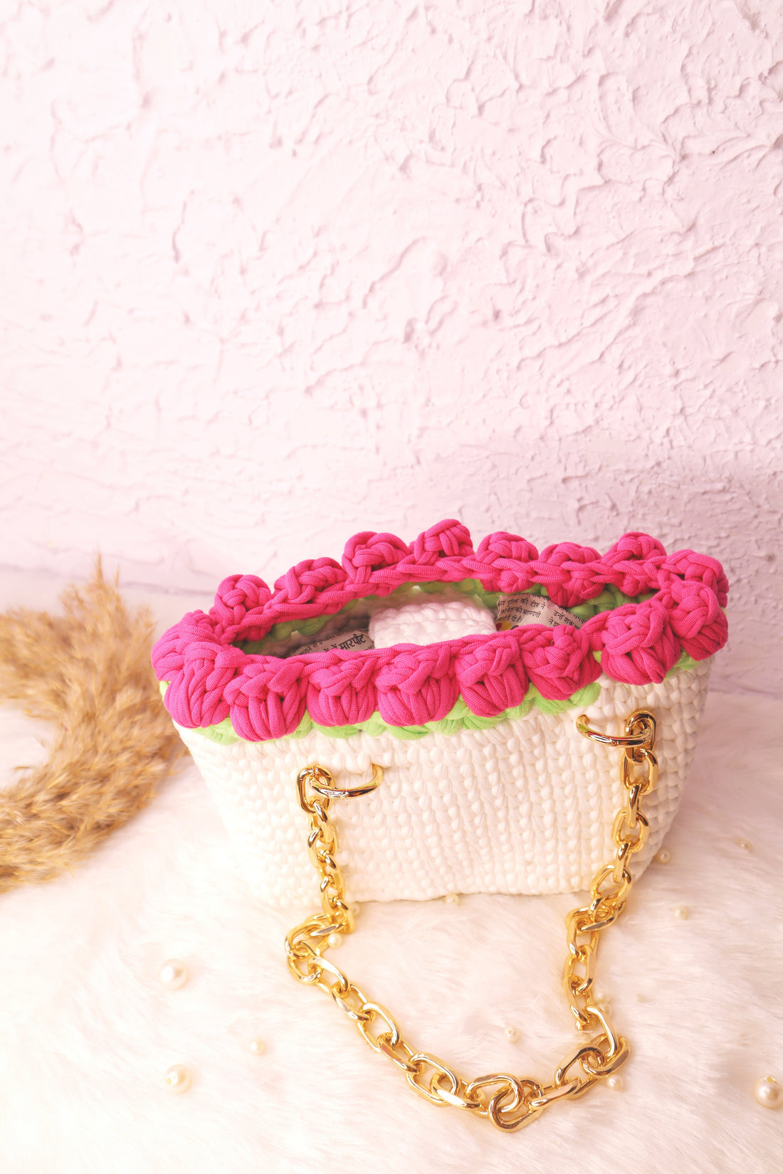 Dark Pink Tulips on White Handmade Crochet Bag