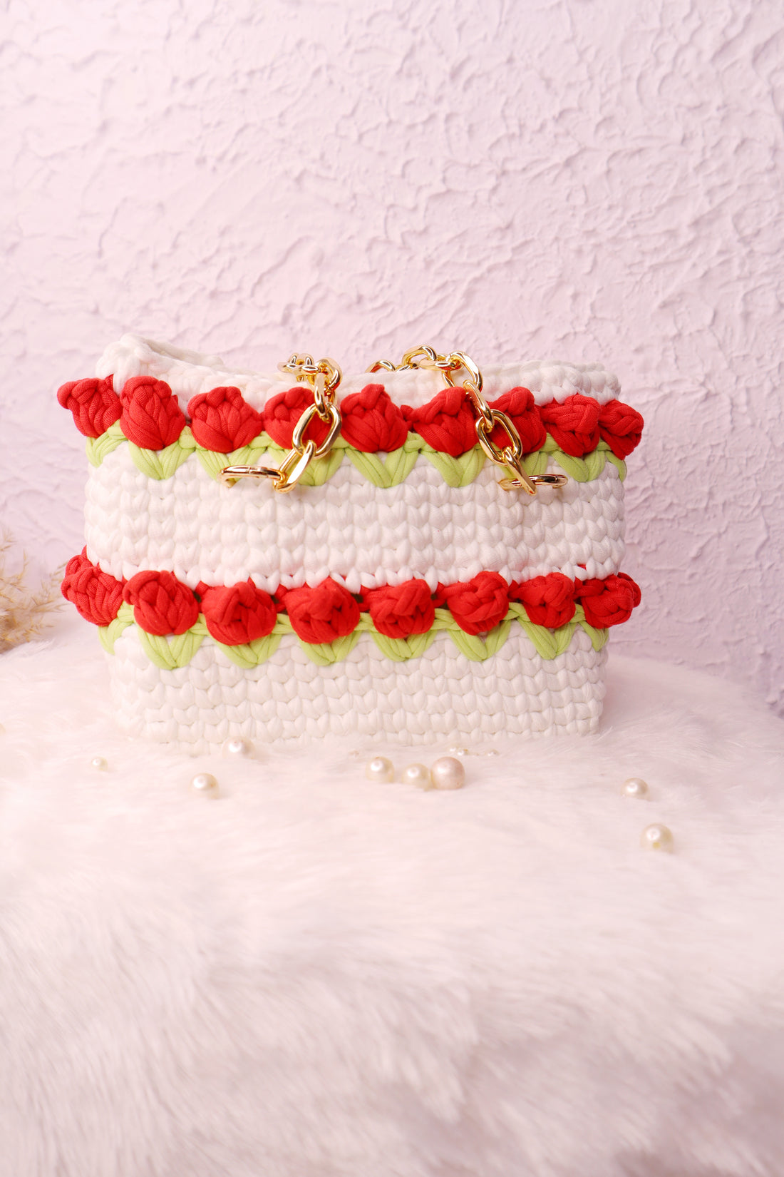 Double Red Tulips on White Handmade Crotchet Bag