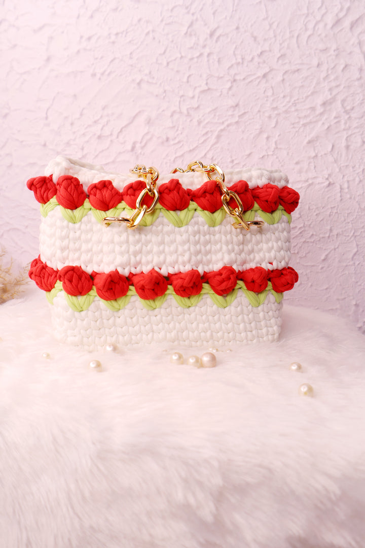 Double Red Tulips on White Handmade Crotchet Bag