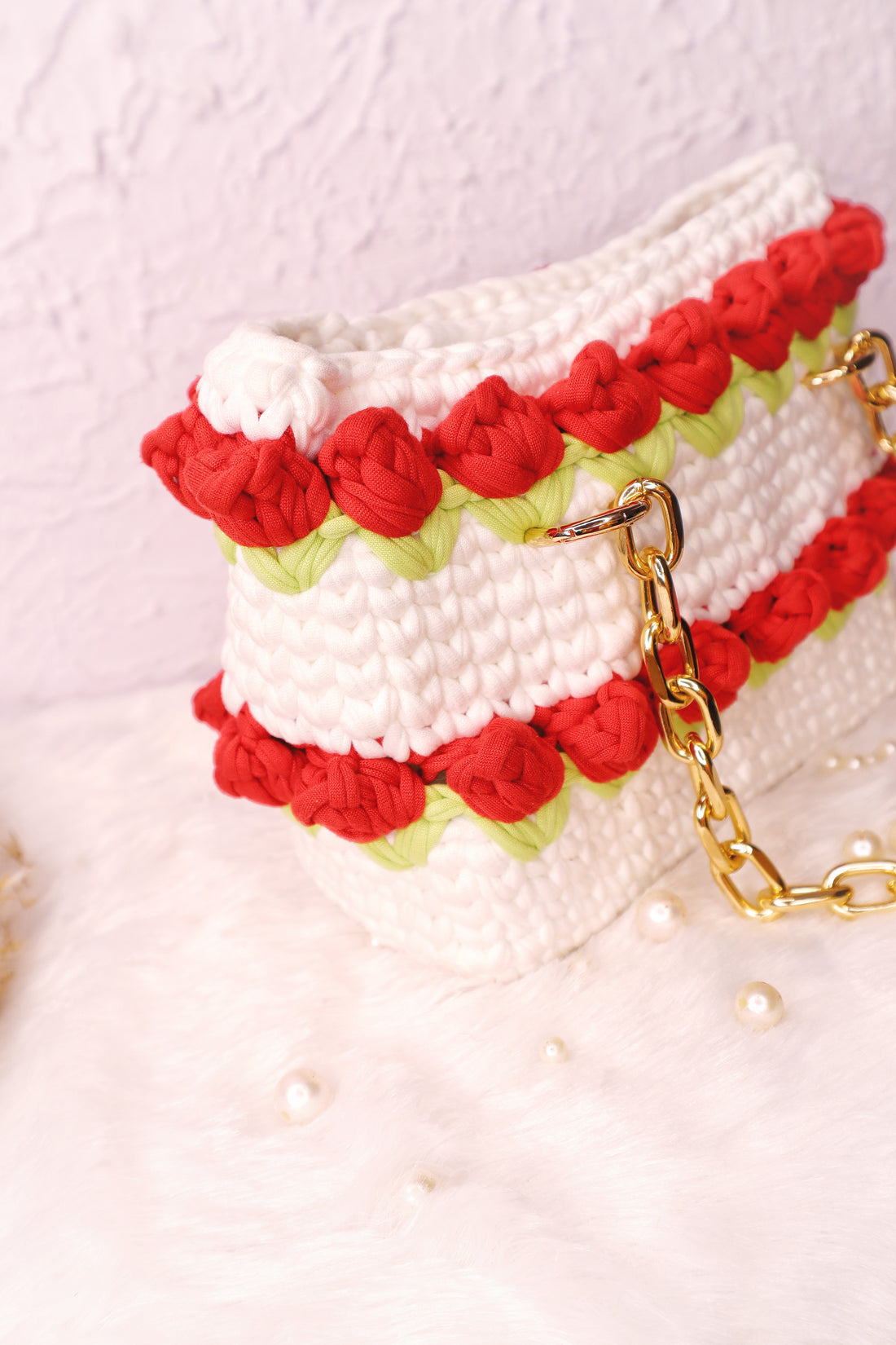 Double Red Tulips on White Handmade Crotchet Bag