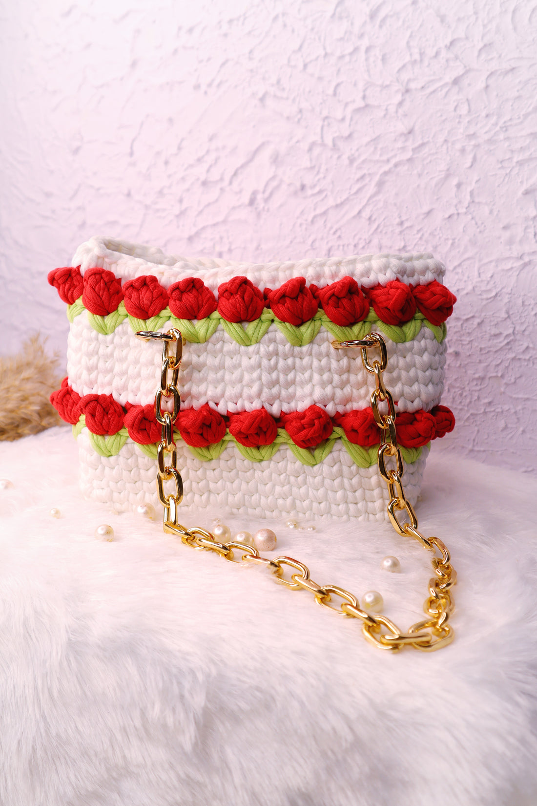 Double Red Tulips on White Handmade Crotchet Bag