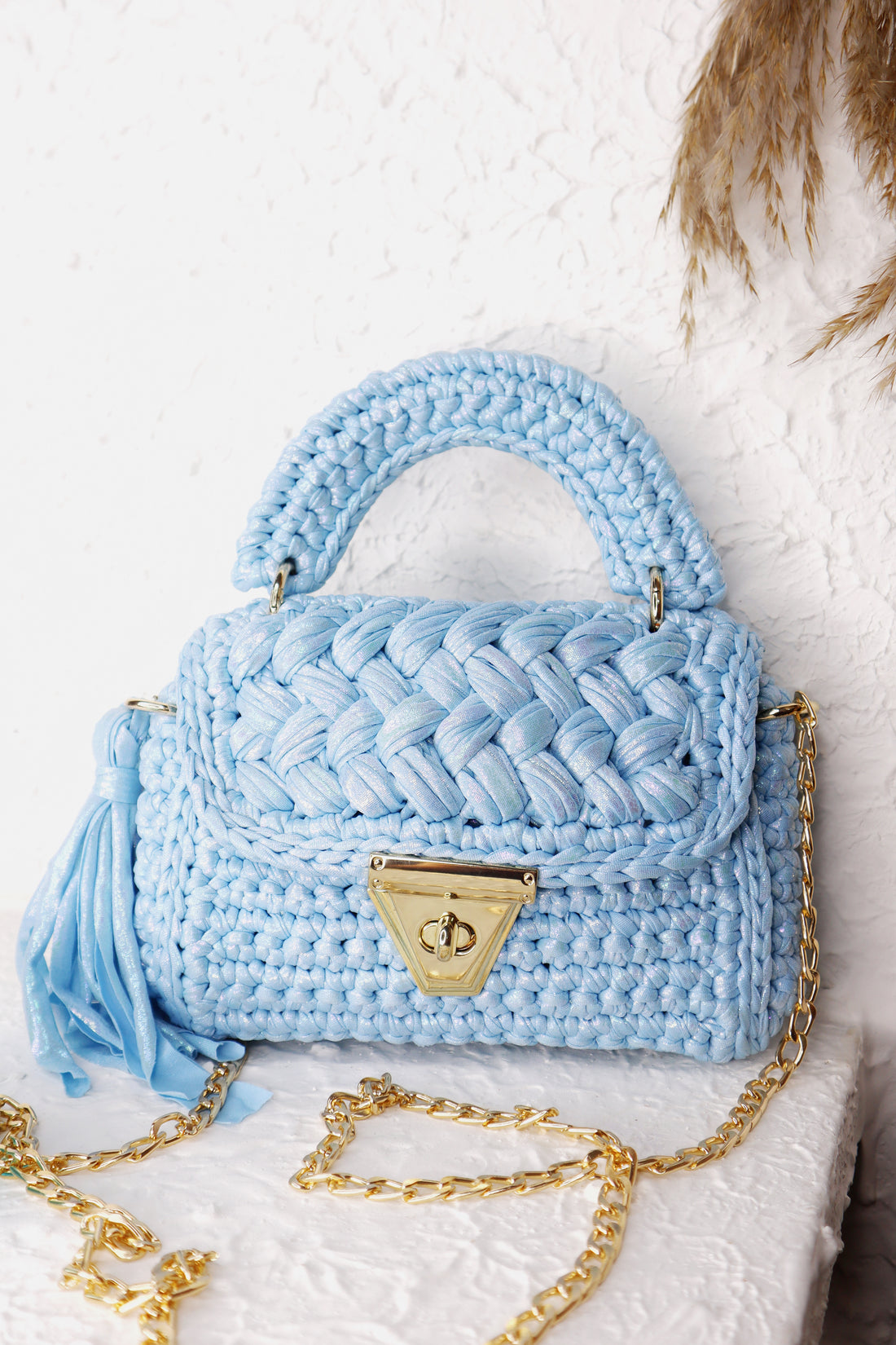 Pastel Blue Metallic Yarn Handcrafted Crotchet Bag