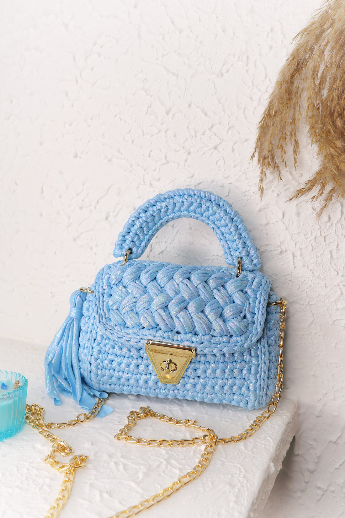 Pastel Blue Metallic Yarn Handcrafted Crotchet Bag