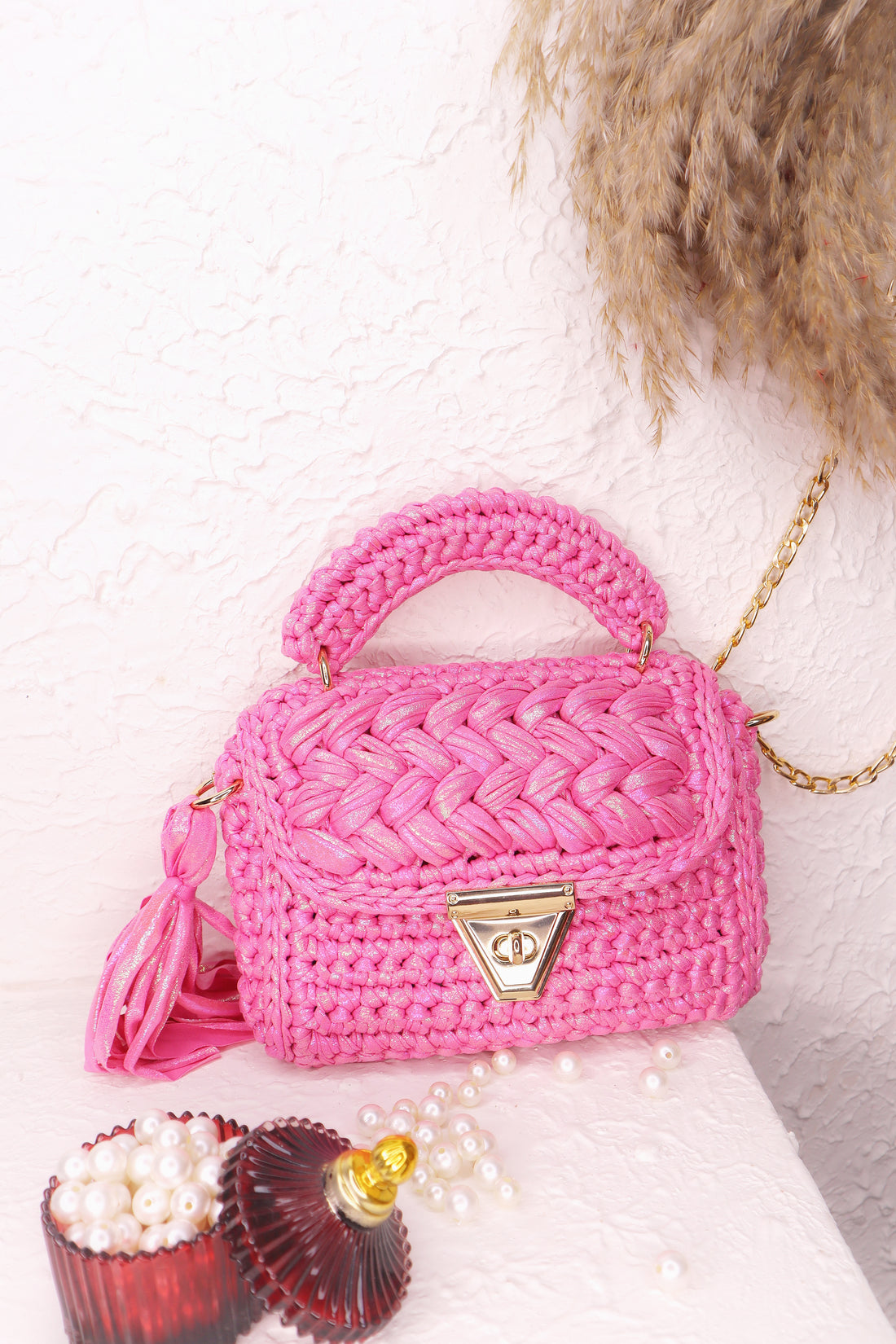 Pink Radiance Metallic Yarn Crochet Handbag