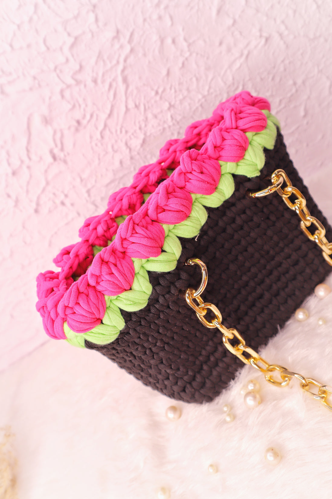 Dark Pink Tulips on Black Handmade Crotchet Bag