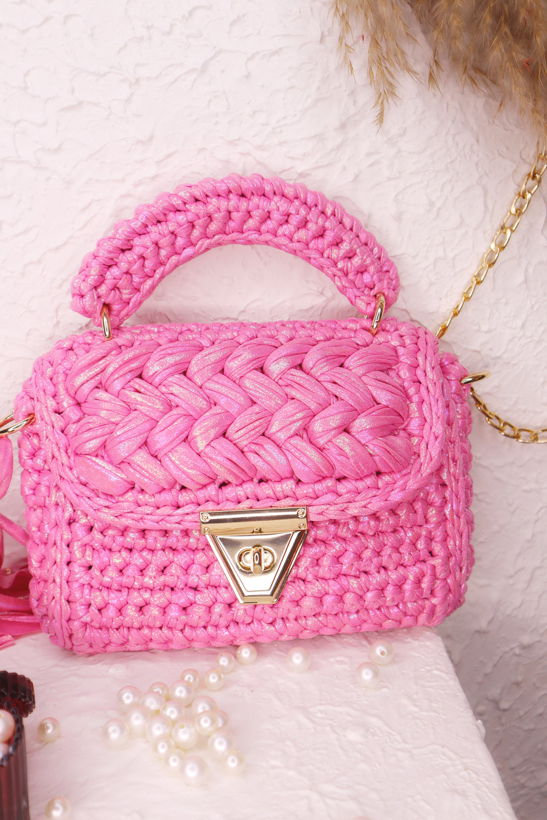 Pink Radiance Metallic Yarn Crochet Handbag