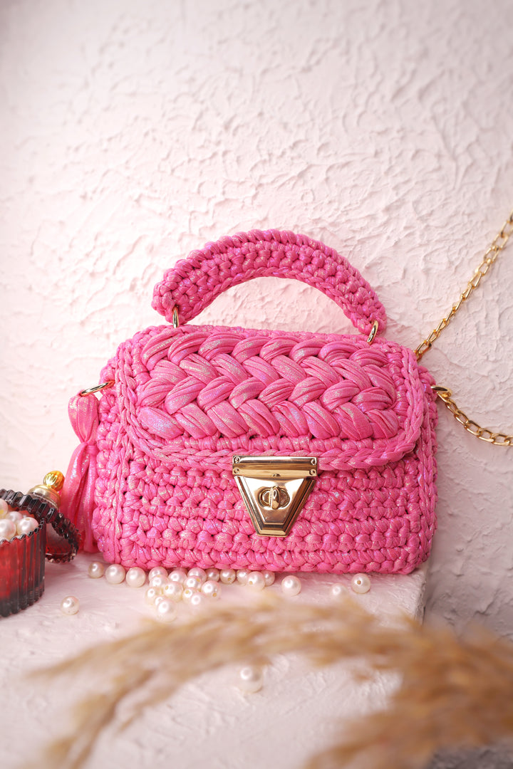 Pink Radiance Metallic Yarn Crochet Handbag