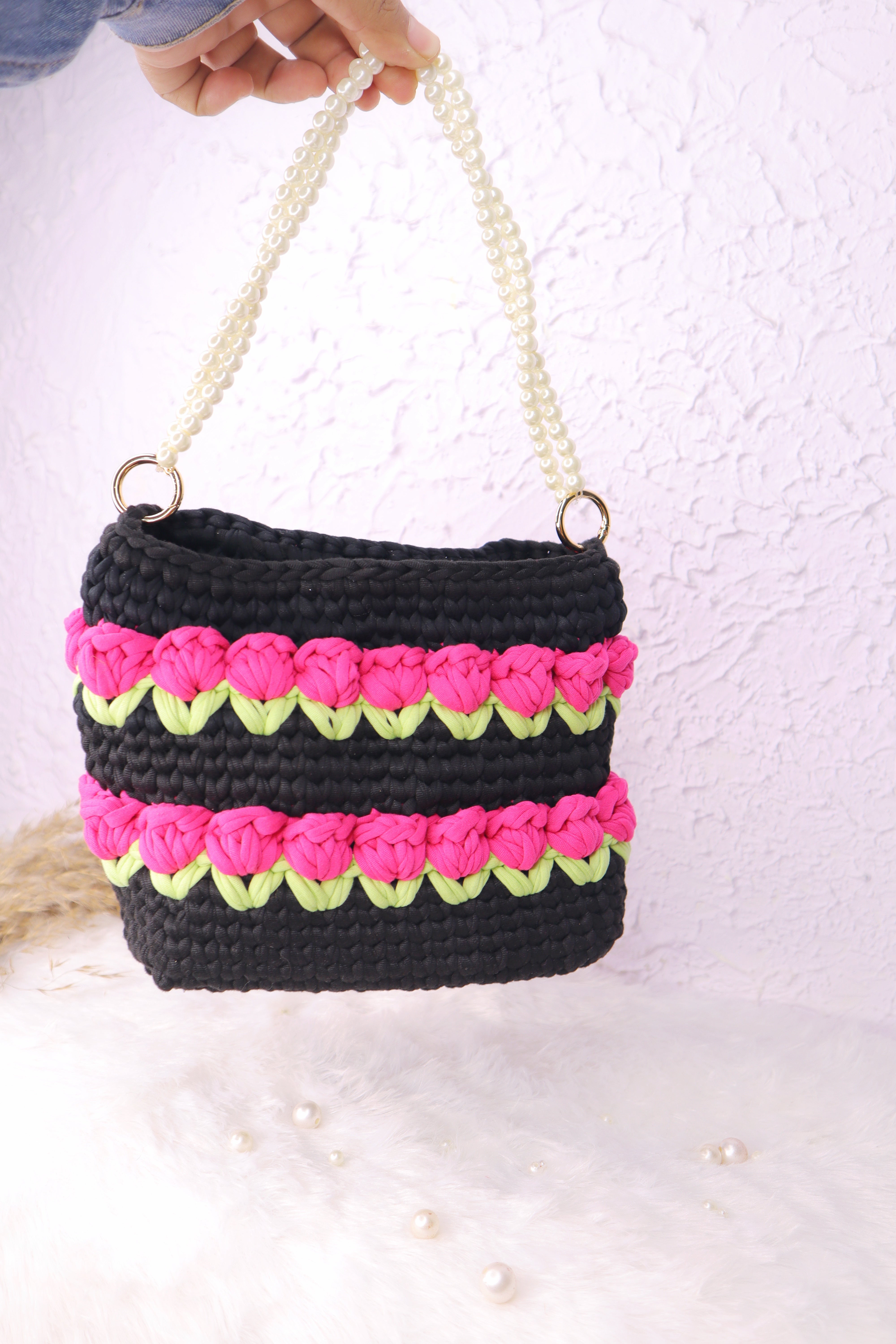 Multilayered  Pink Tulip on Black with Pearl Strap Crotchet Bag