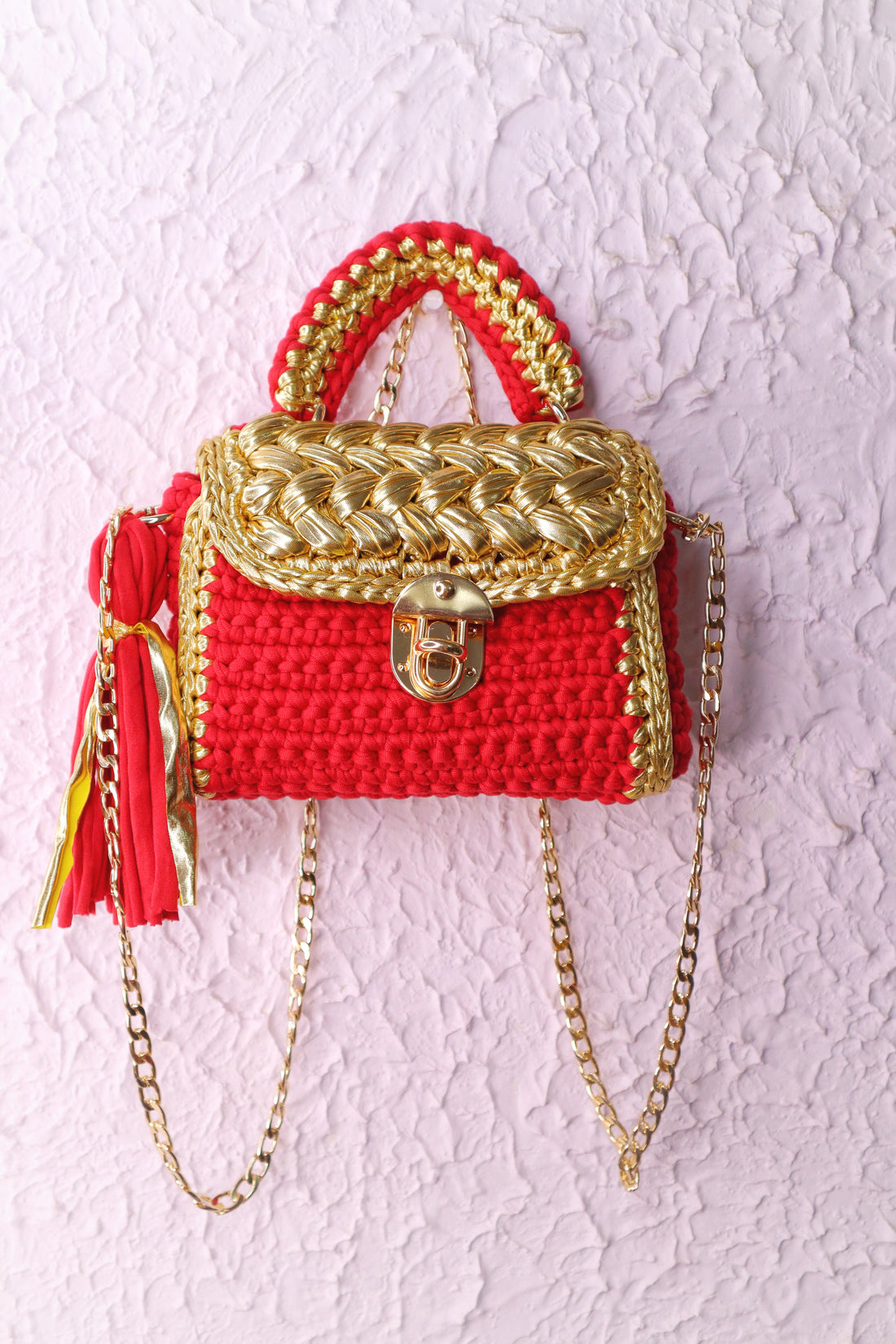 Luxurious Red and Golden Handmade Crotchet Bag