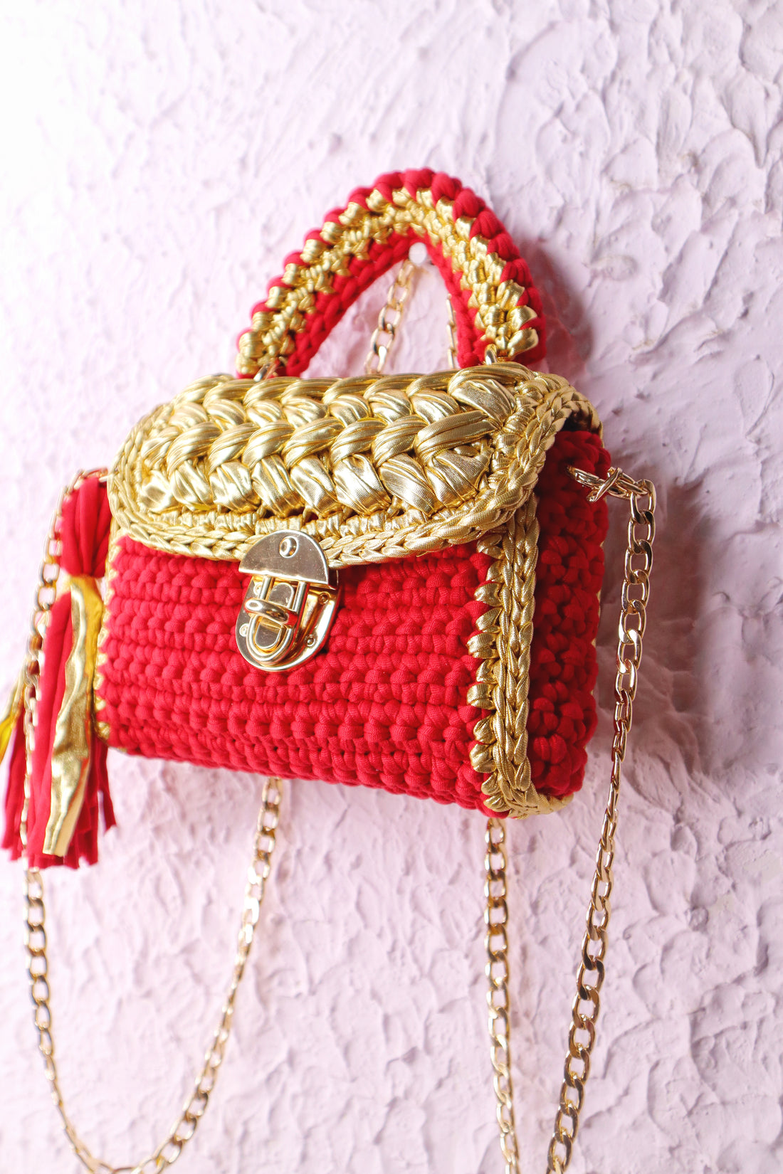 Luxurious Red and Golden Handmade Crotchet Bag