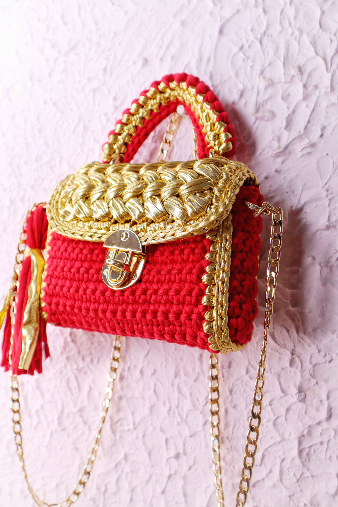 Luxurious Red and Golden Handmade Crotchet Bag