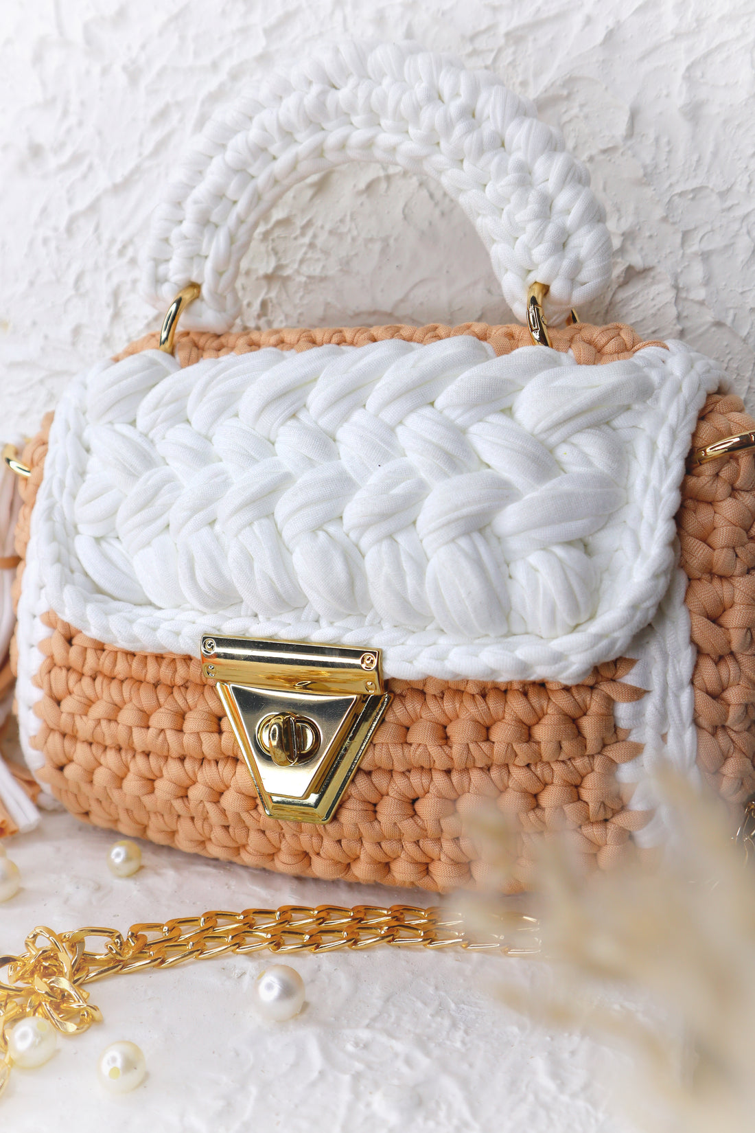 Beige and White Handcrafted Crotchet Bag