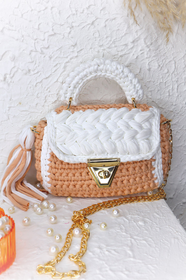 Beige and White Handcrafted Crotchet Bag