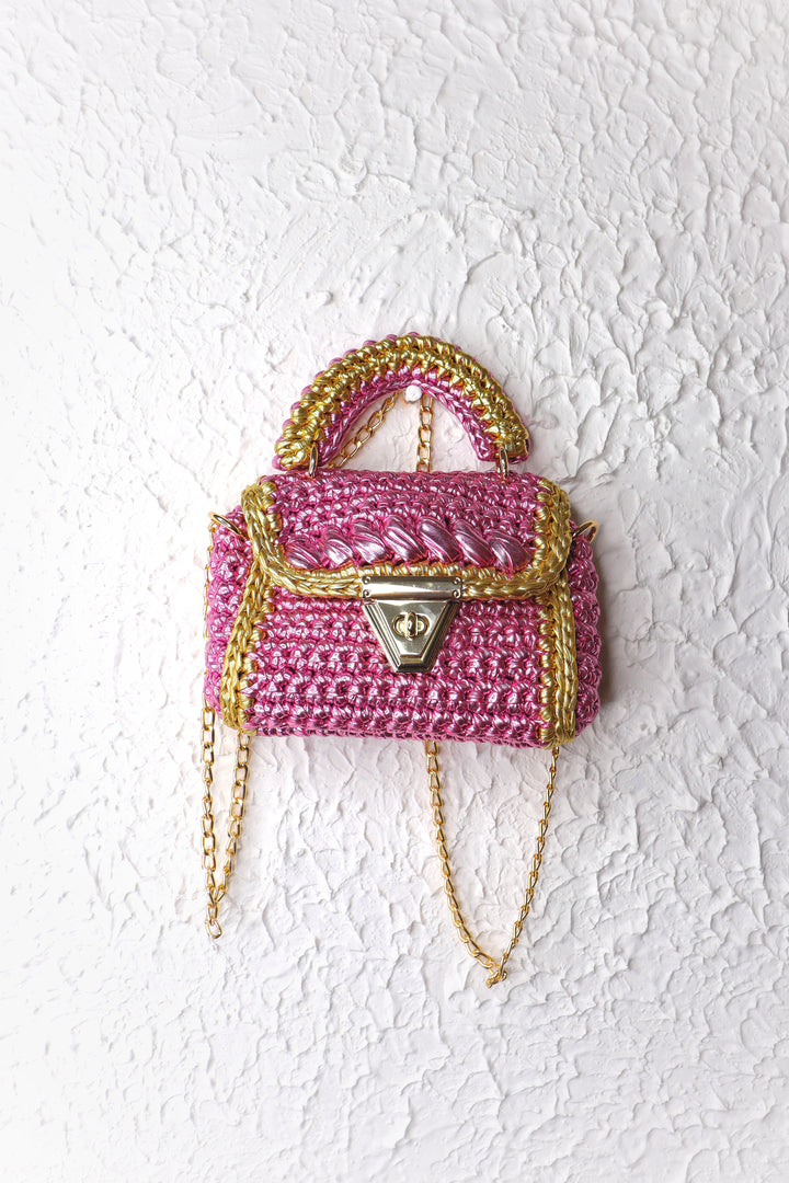 Metallic Pink with Golden Accents Handcrafted Crotchet Bag