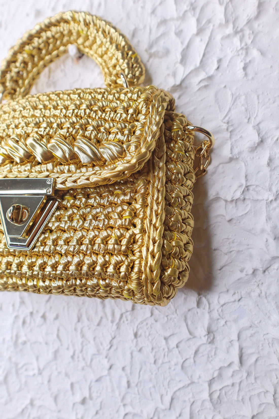 Handmade Golden Crochet Bag with Chain Strap