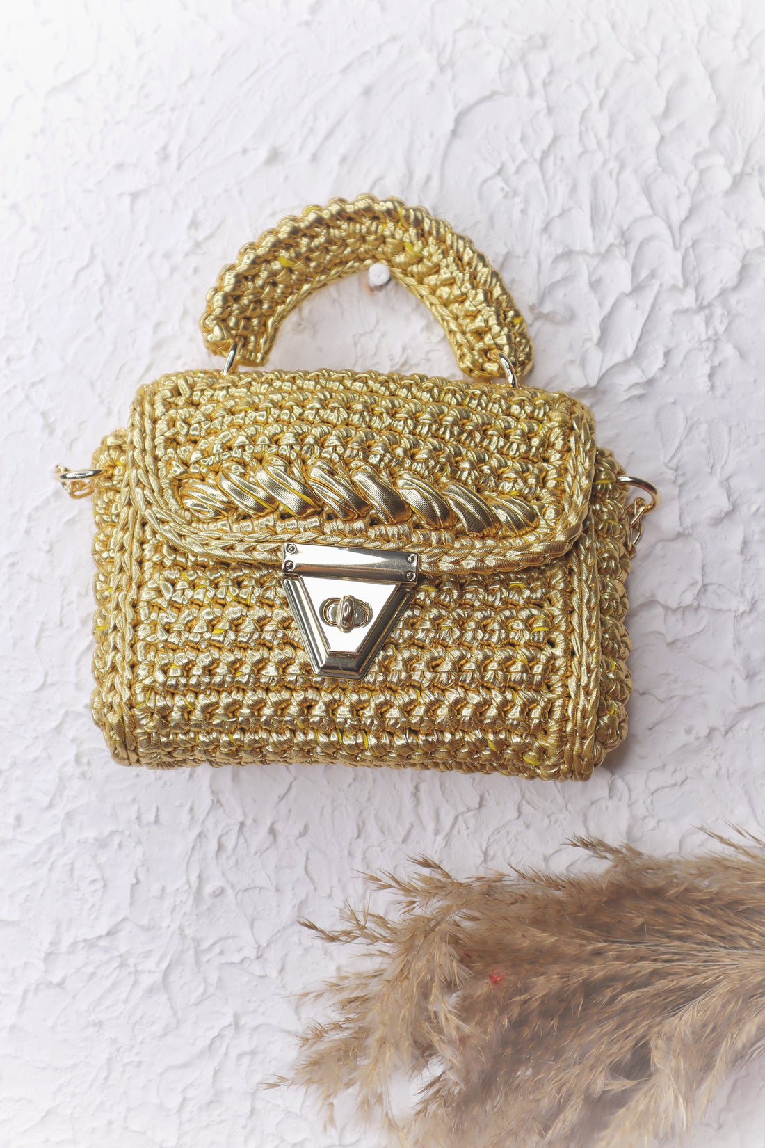 Handmade Golden Crochet Bag with Chain Strap