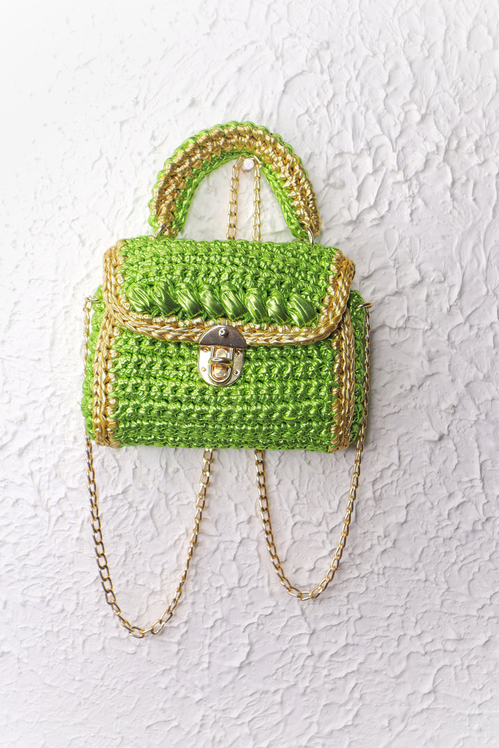 Metallic Green With Golden Accents Handcrafted Crotchet Bag