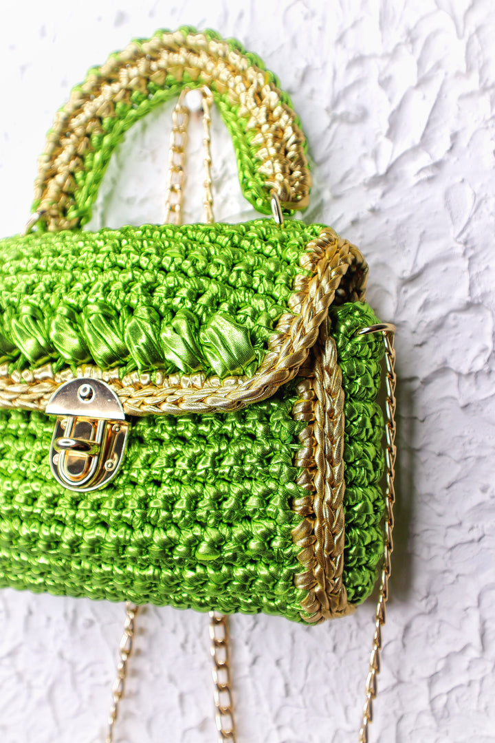 Metallic Green With Golden Accents Handcrafted Crotchet Bag