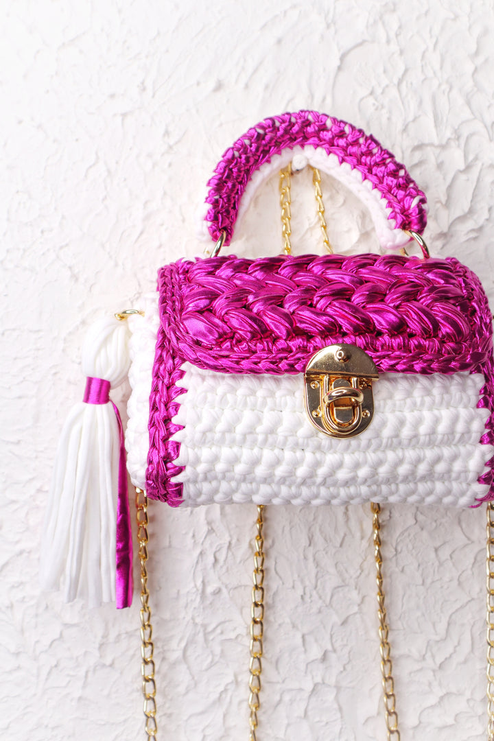 Shiny Metallic Pink and White Handcrafted Crotchet Bag