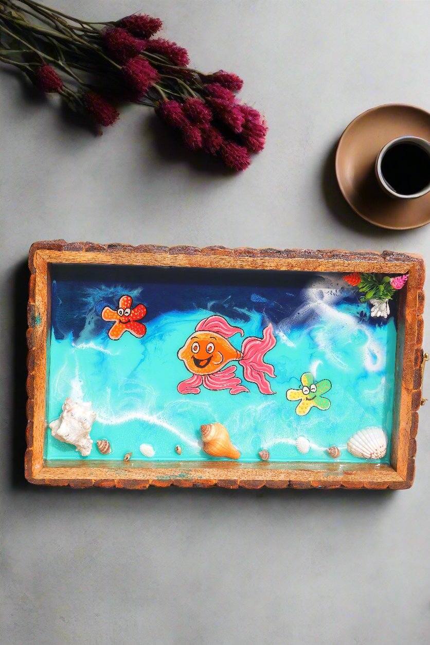 Cheerful Sea Friends Rectangle Ocean Tray | Beach Theme Resin Serving Tray