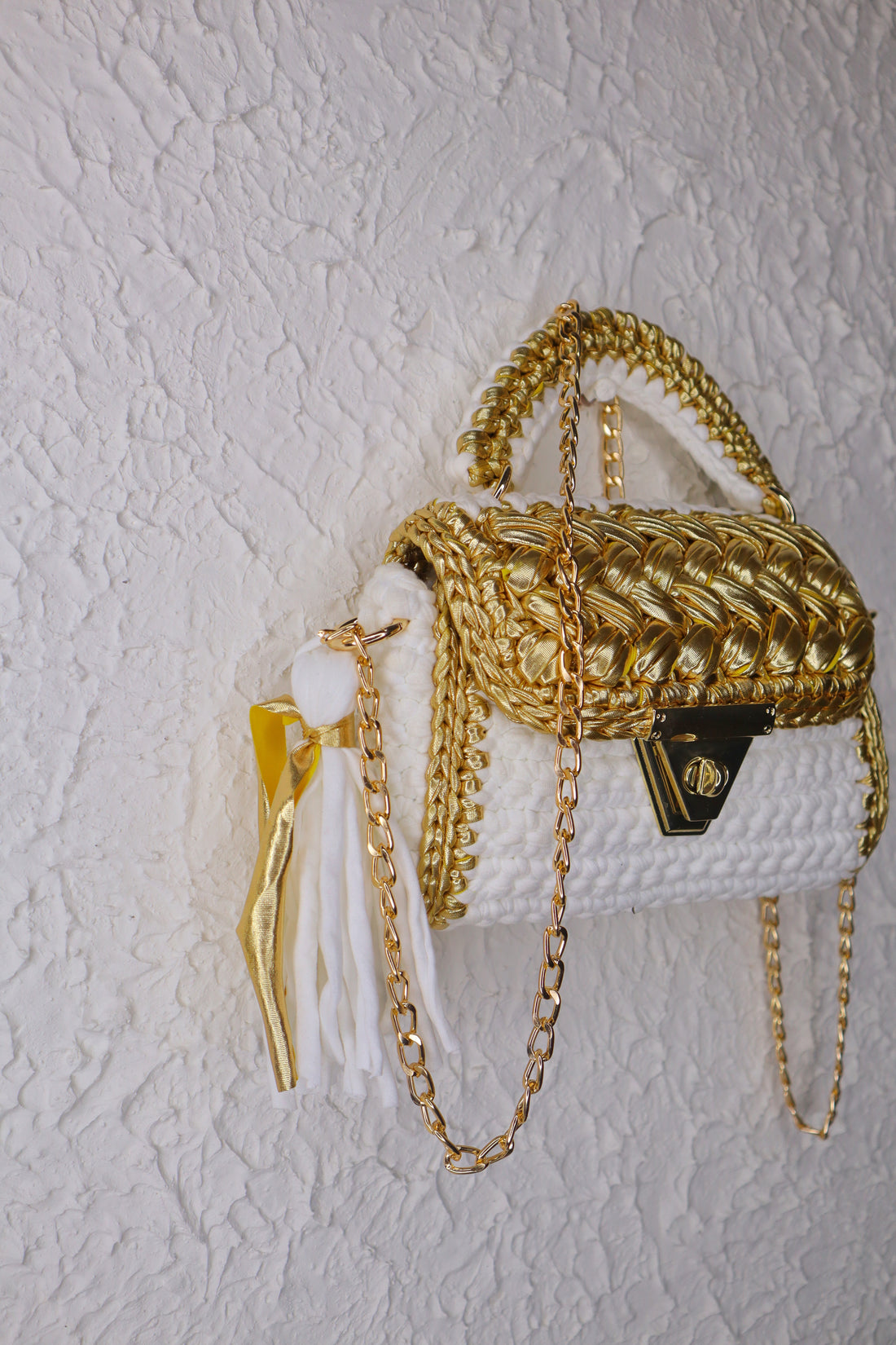 Luxurious White and Gold Handcrafted Crotchet Bag