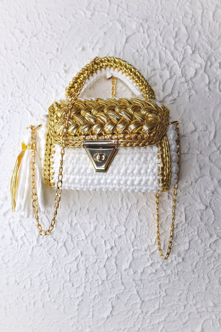 Luxurious White and Gold Handcrafted Crotchet Bag