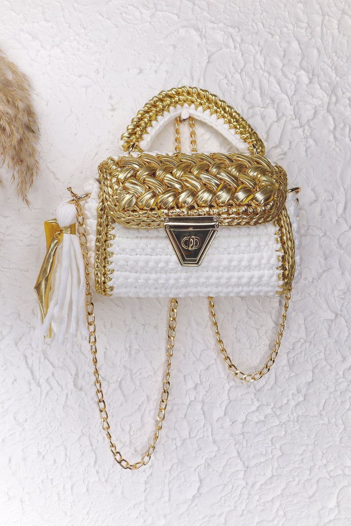 Luxurious White and Gold Handcrafted Crotchet Bag