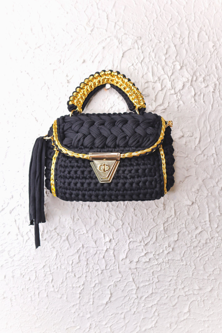 Magical Black With Gold Accents Handcrafted Crotchet Bag