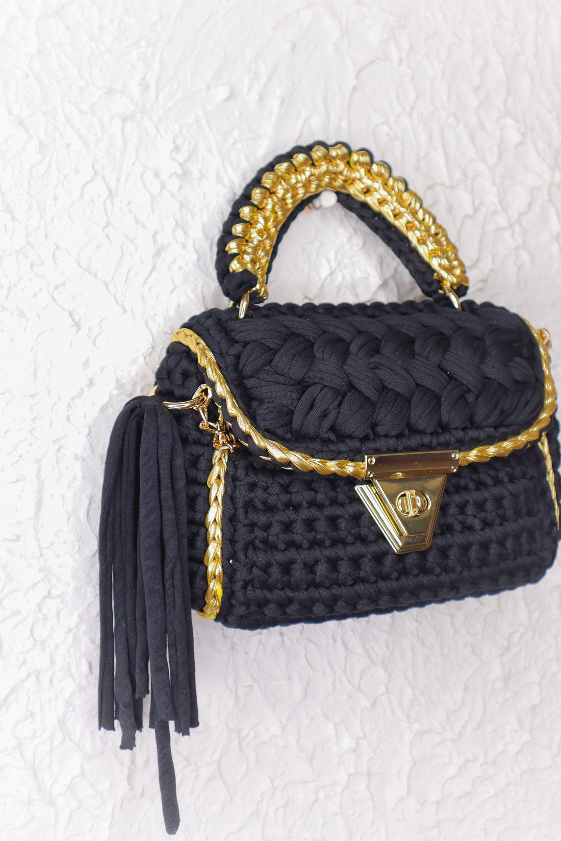 Magical Black With Gold Accents Handcrafted Crotchet Bag