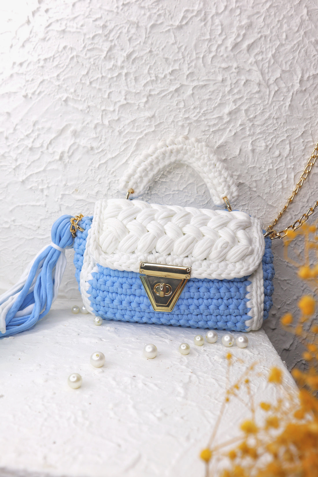 Pastel Blue and White Handcrafted Crotchet Bag