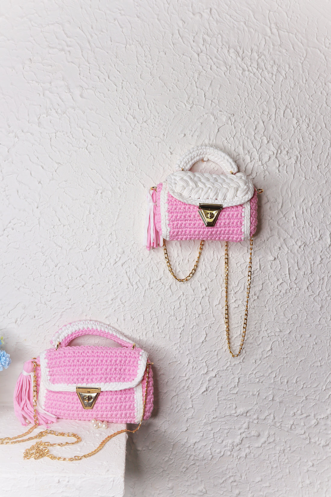 Pastel Pink and White Handcrafted Crotchet Bag