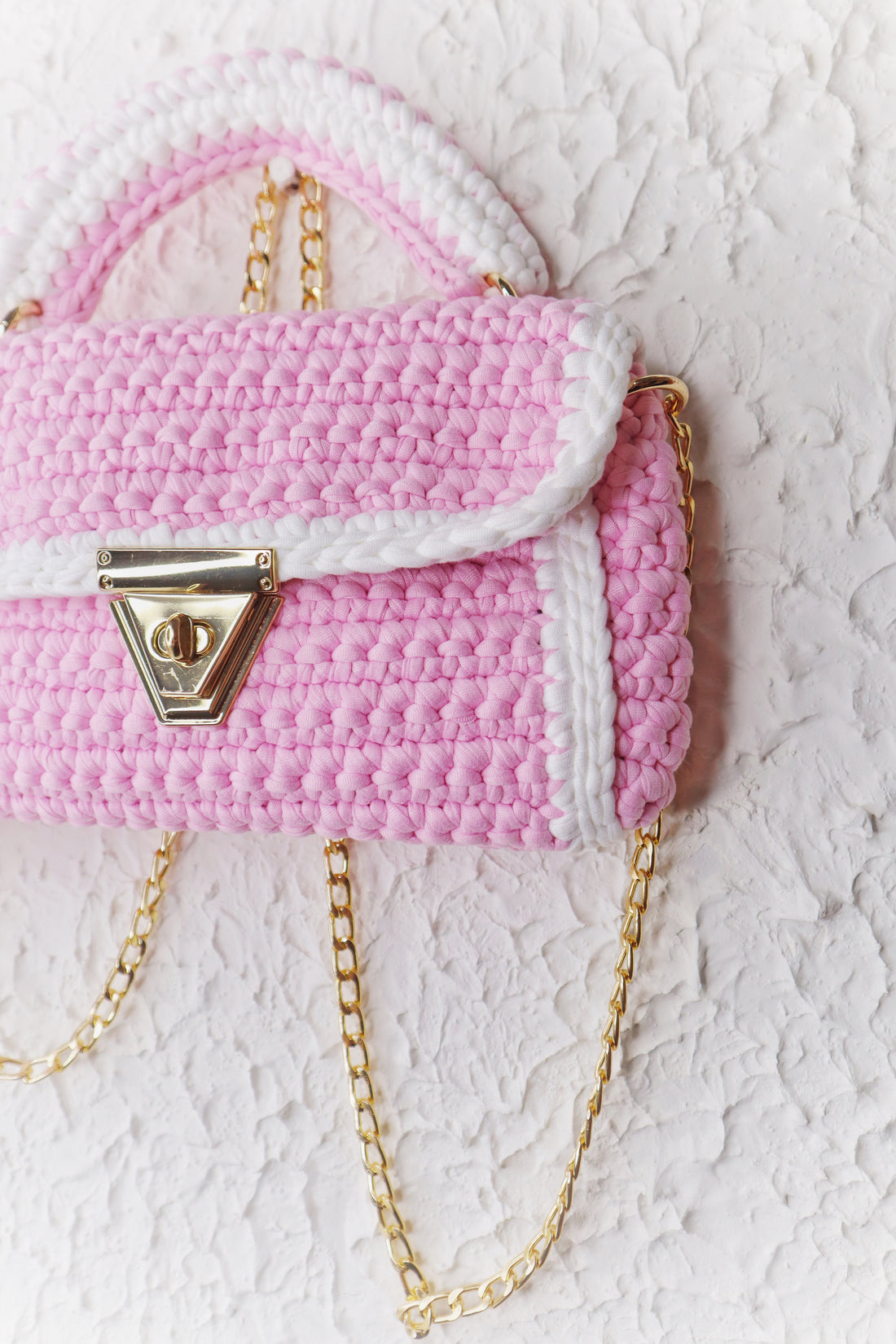 Baby Pink With White Accents Handcrafted Crotchet Bag