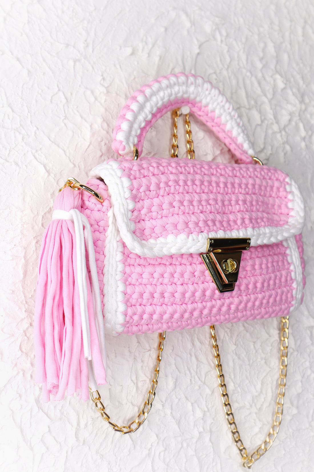 Baby Pink With White Accents Handcrafted Crotchet Bag