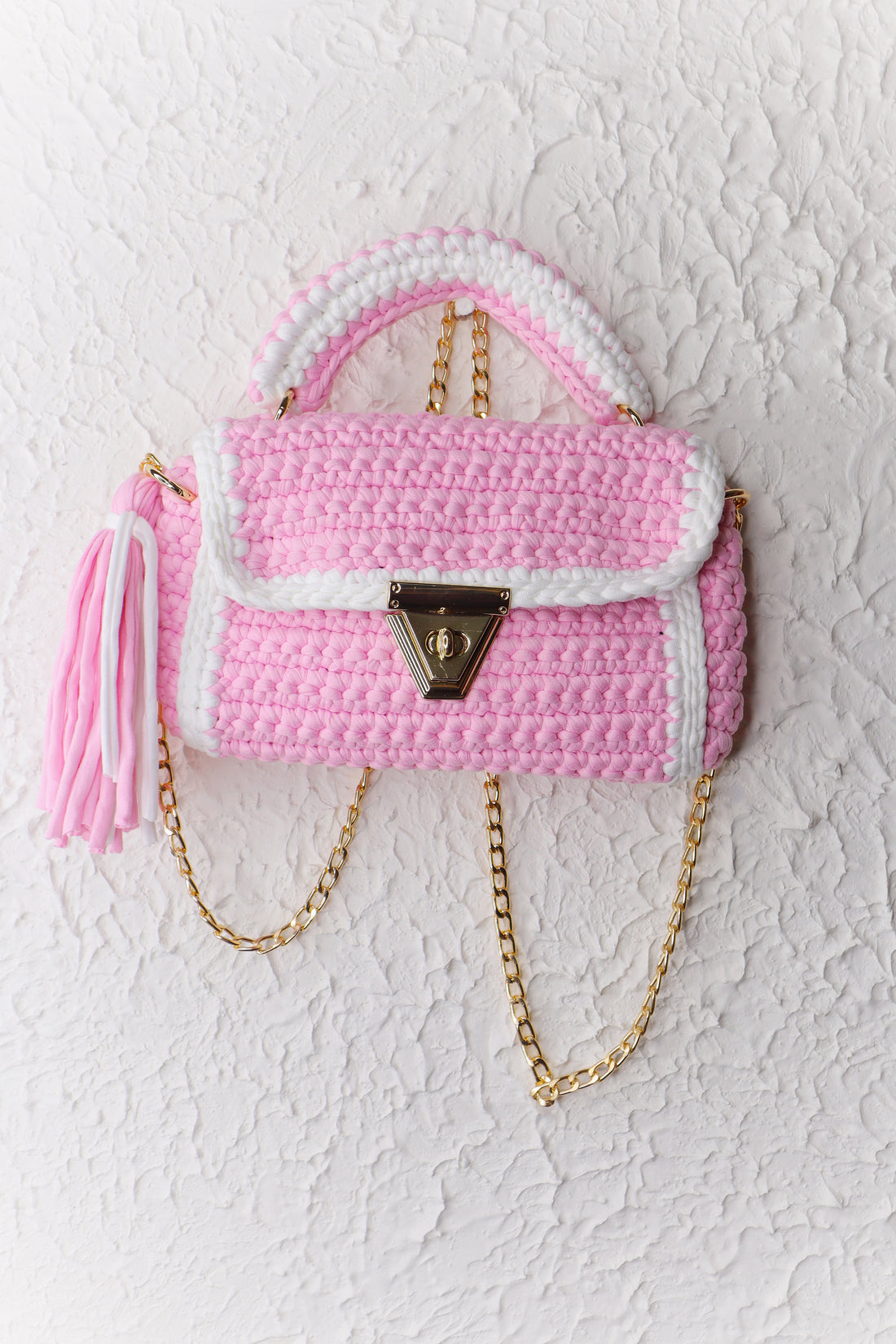 Baby Pink With White Accents Handcrafted Crotchet Bag