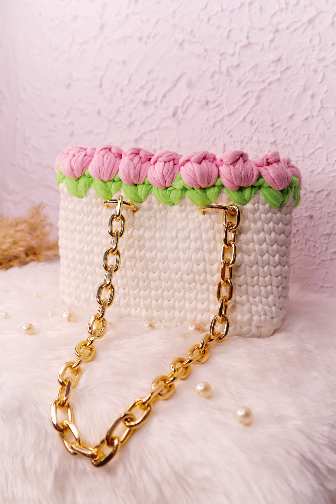 Ligh Pink Tulips on White  Handmade Crochet Bag