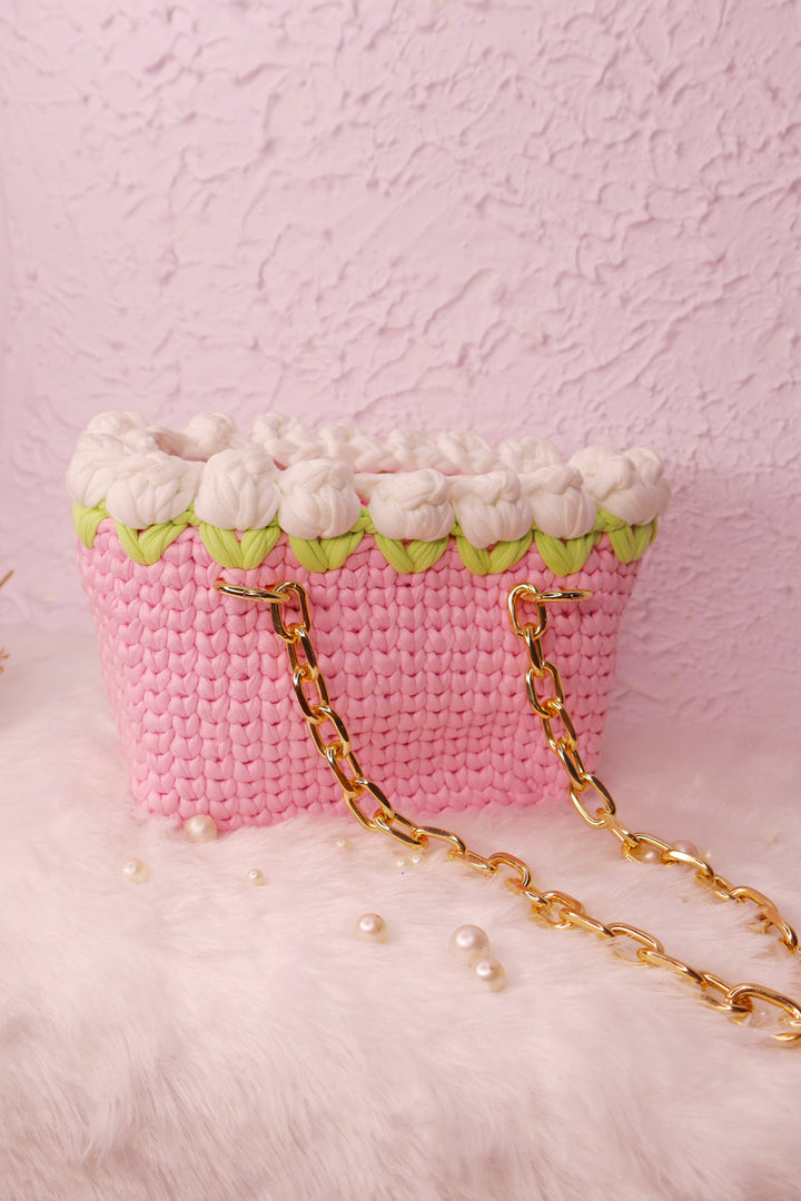 White Tulips on Pink Handmade Crochet Bag