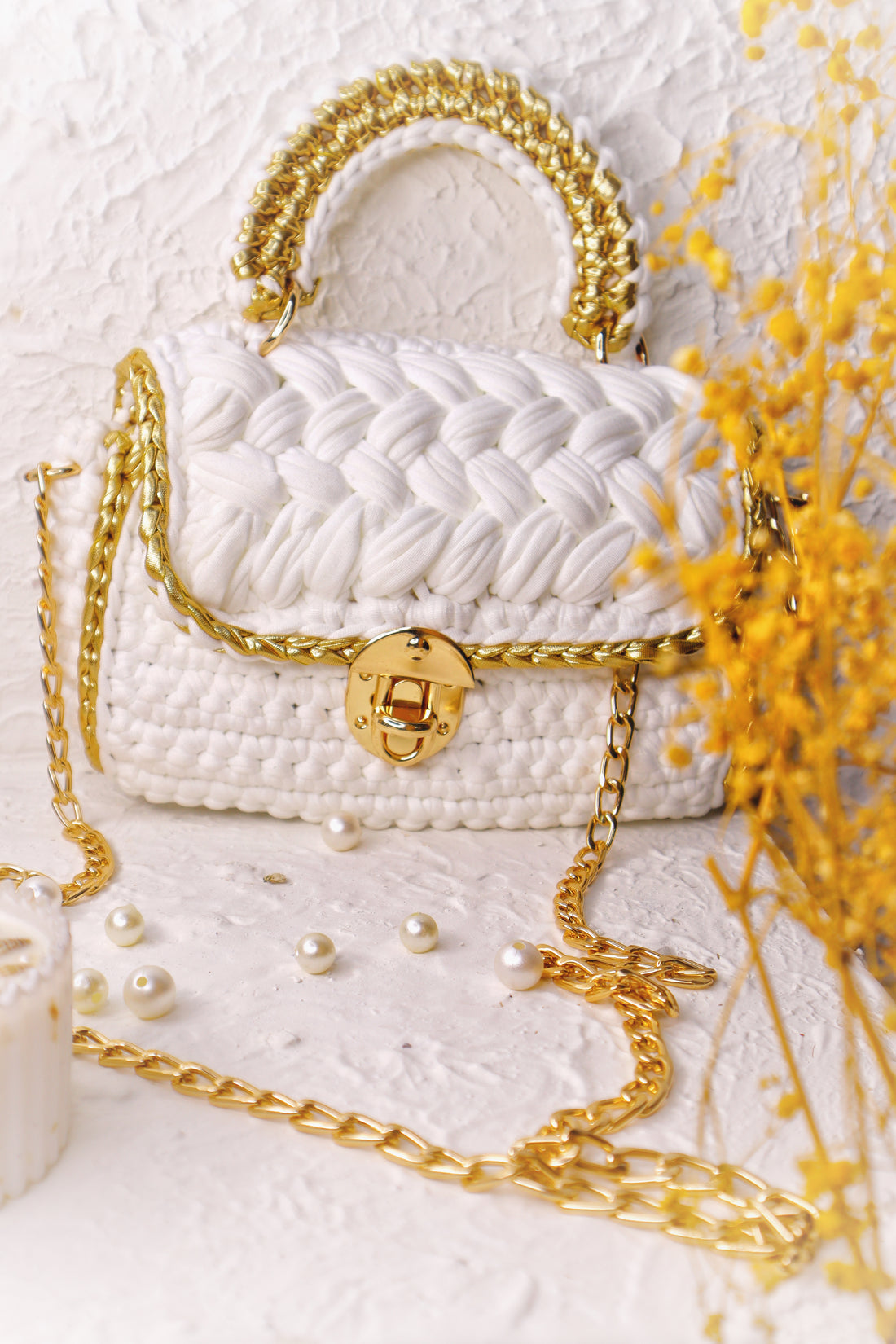 Elegant White and Gold Handcrafted Crochet Bag