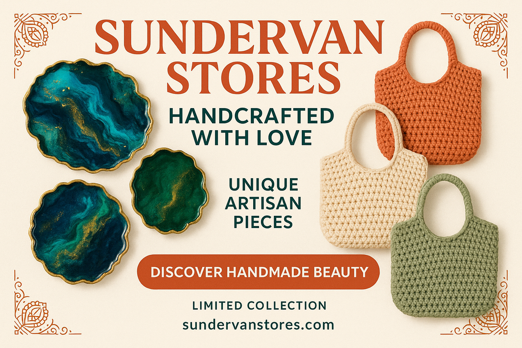 design a colorful and attractive poster for this brand use your creativity for content. it should be such that it increases the conversion rate and people buy from this brand. focus on resin trays and handmade crochet bags
