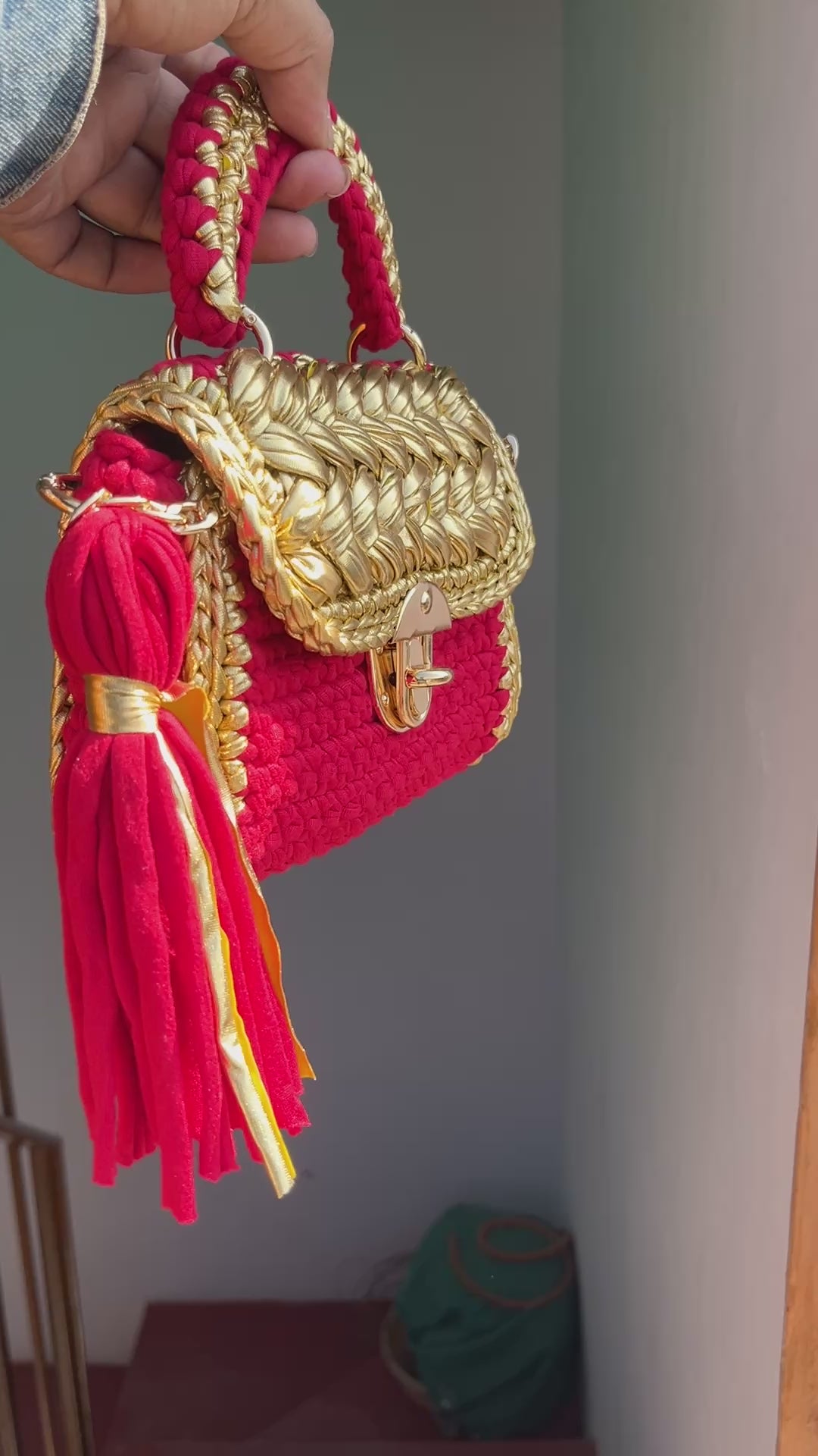 Luxurious Red and Golden Handmade Crotchet Bag