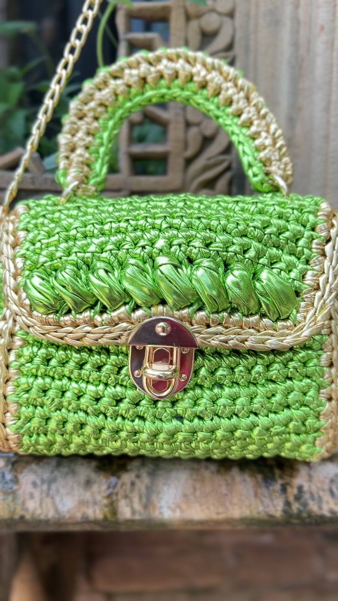 Metallic Green With Golden Accents Handcrafted Crotchet Bag