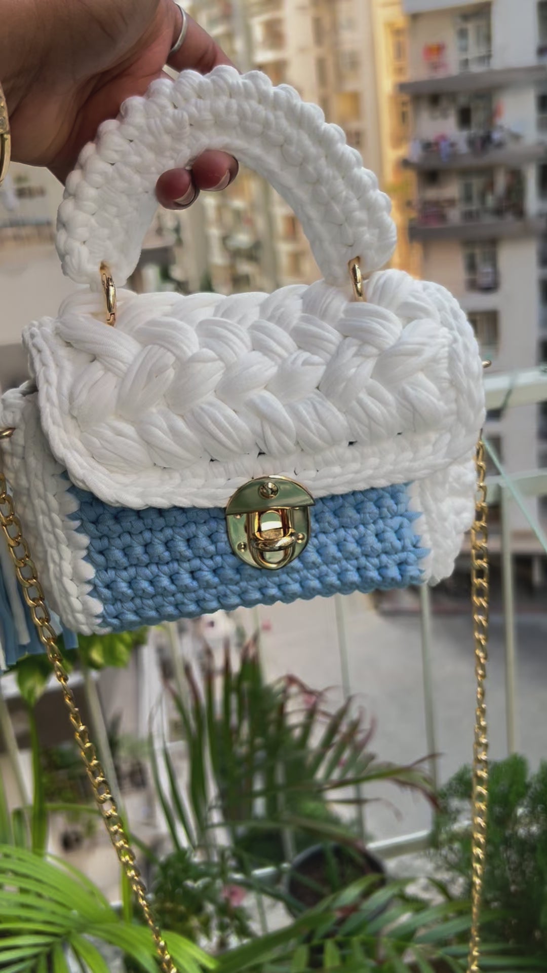 Pastel Blue and White Handcrafted Crotchet Bag