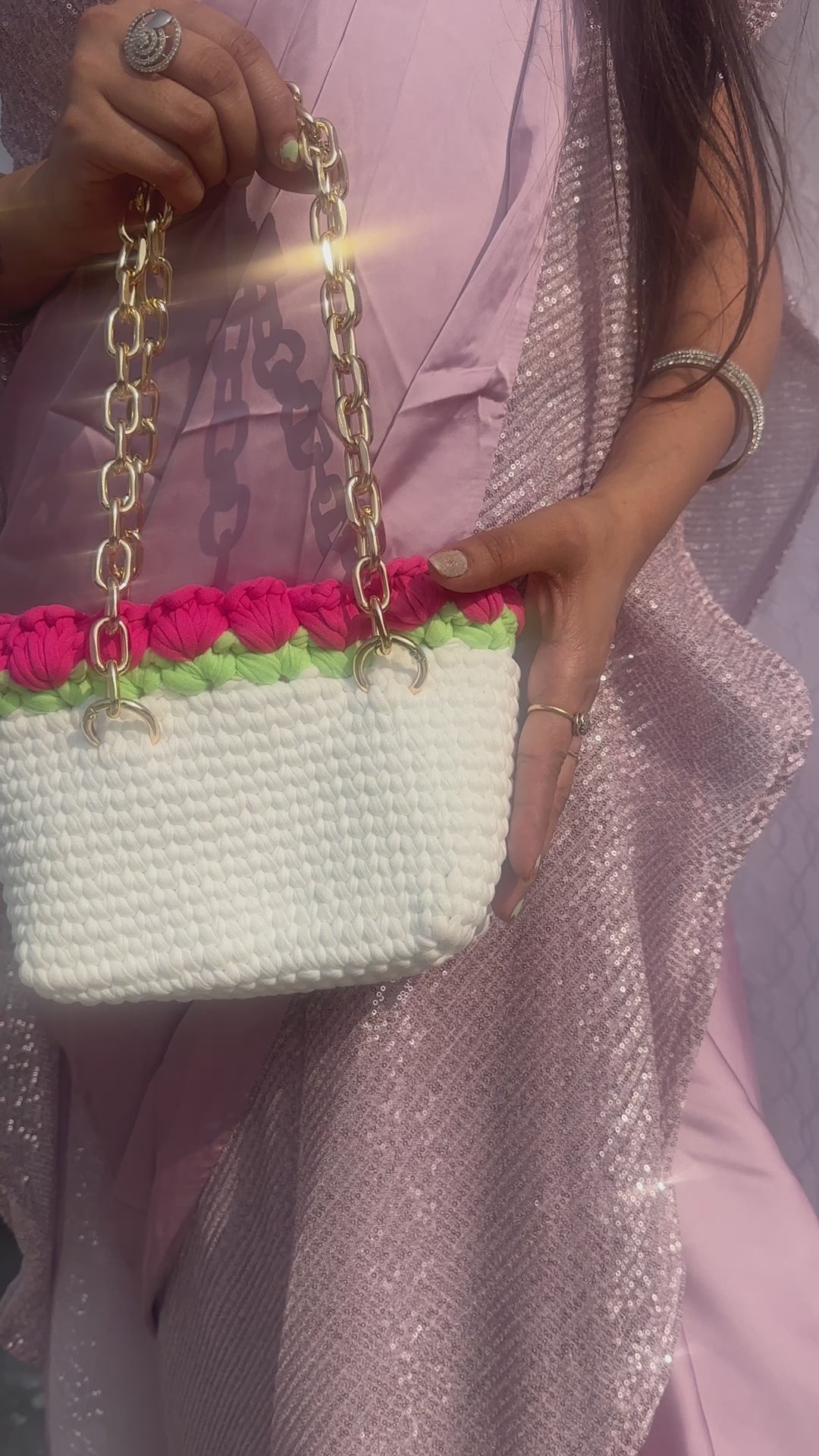 Dark Pink Tulips on White Handmade Crochet Bag