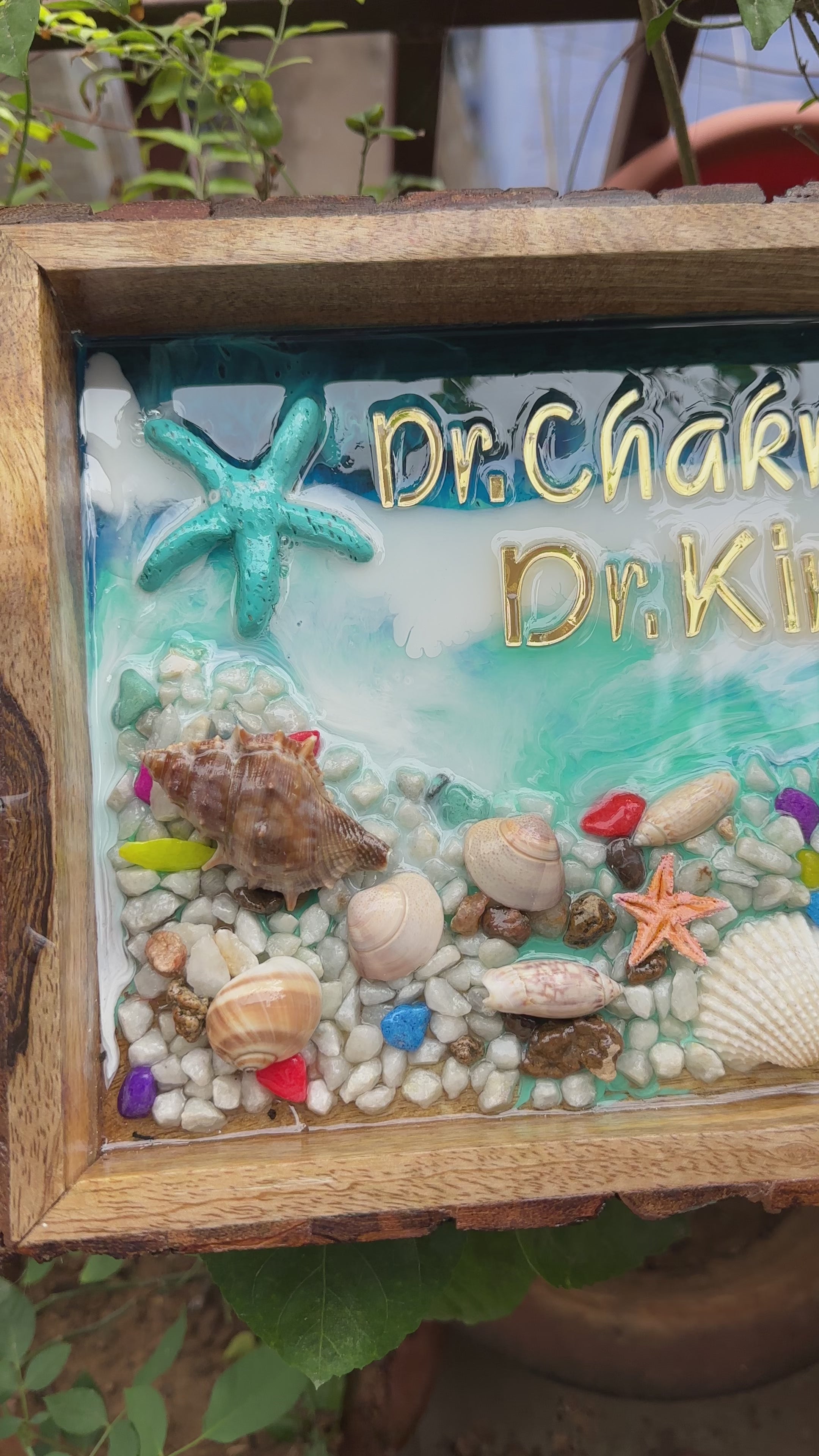 Rocky Beach Resin Name Plates | Ocean Themed House Name Plates on Wooden Tray