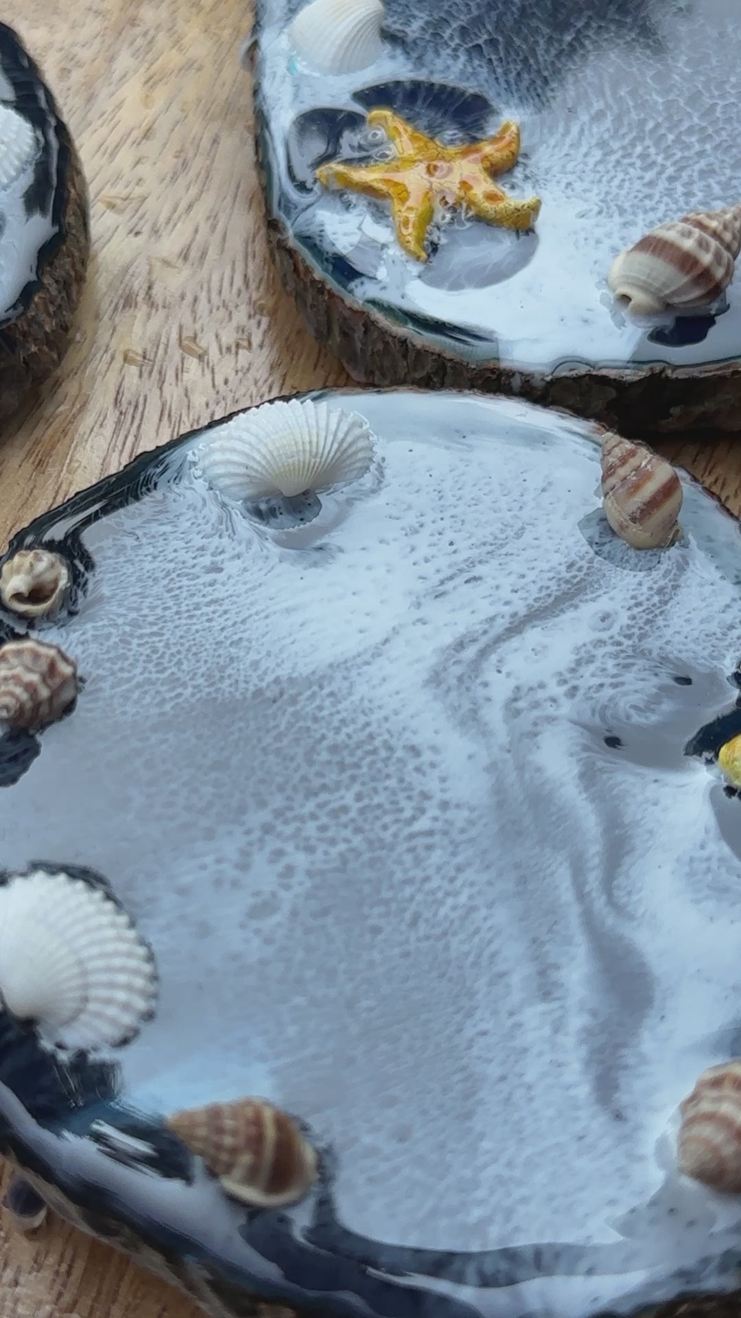 Blue Ocean with Waves Set of 4 Handmade Coasters with Sea Shells and Star Fish