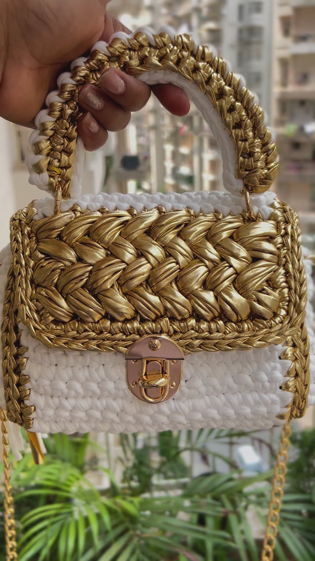 Luxurious White and Gold Handcrafted Crotchet Bag