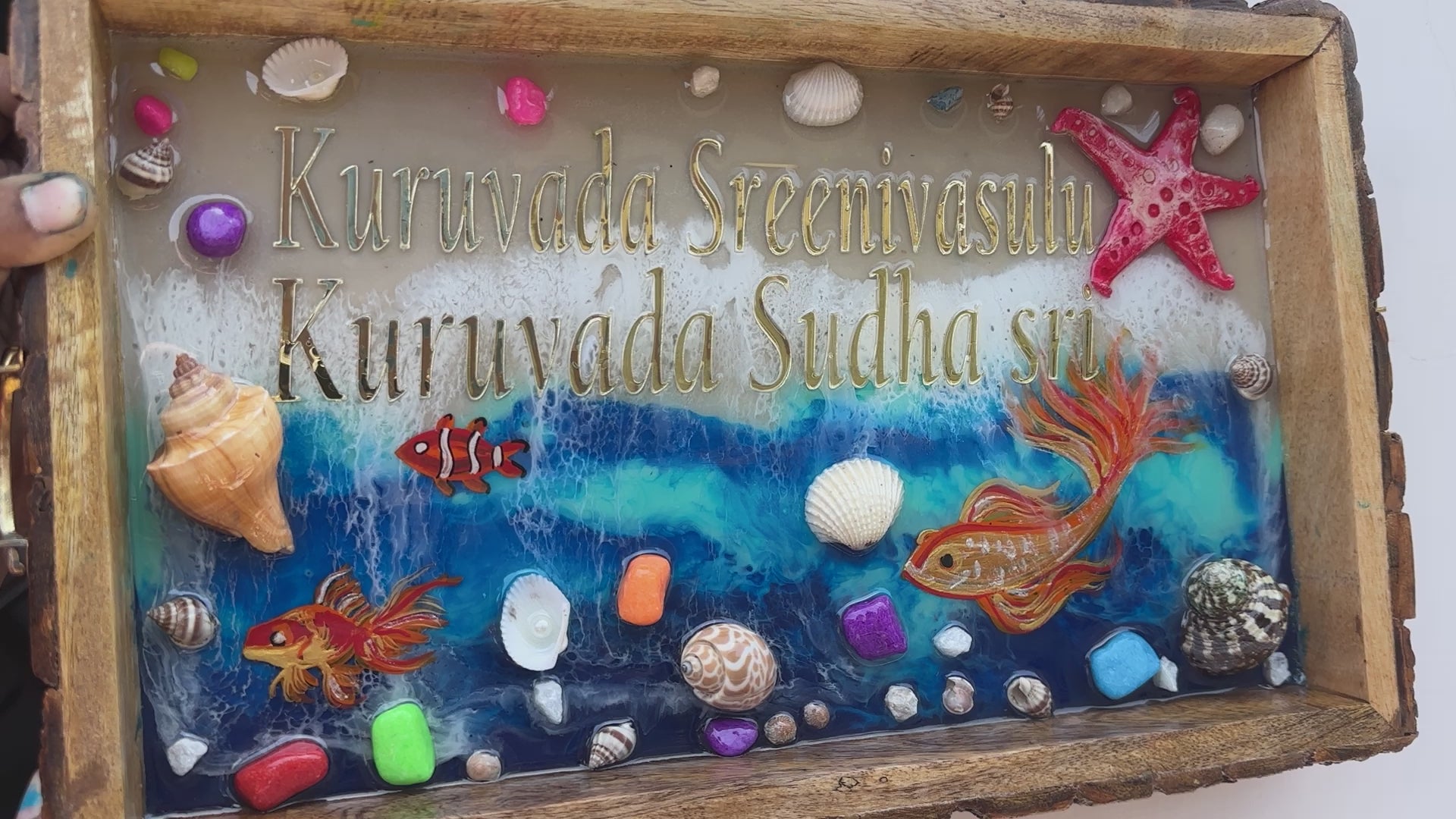 Custom Resin Name Plates | Ocean Themed House Name Plates on Wooden Tray