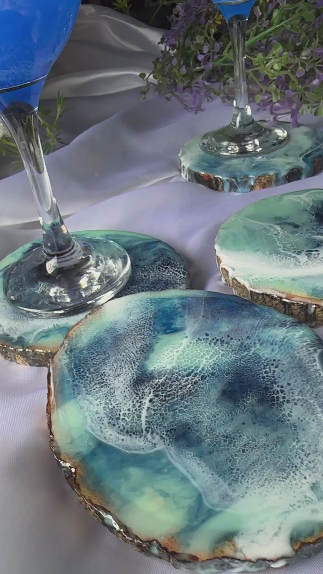 Set of 4 Wooden Coasters with Ocean Themed Resin Art