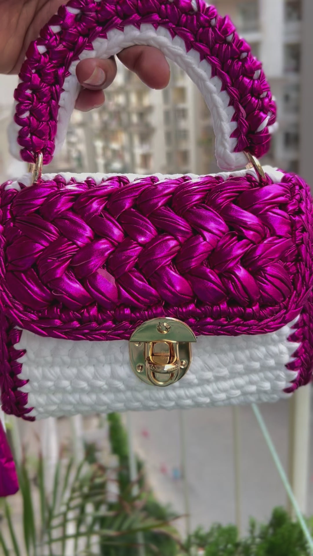 Shiny Metallic Pink and White Handcrafted Crotchet Bag