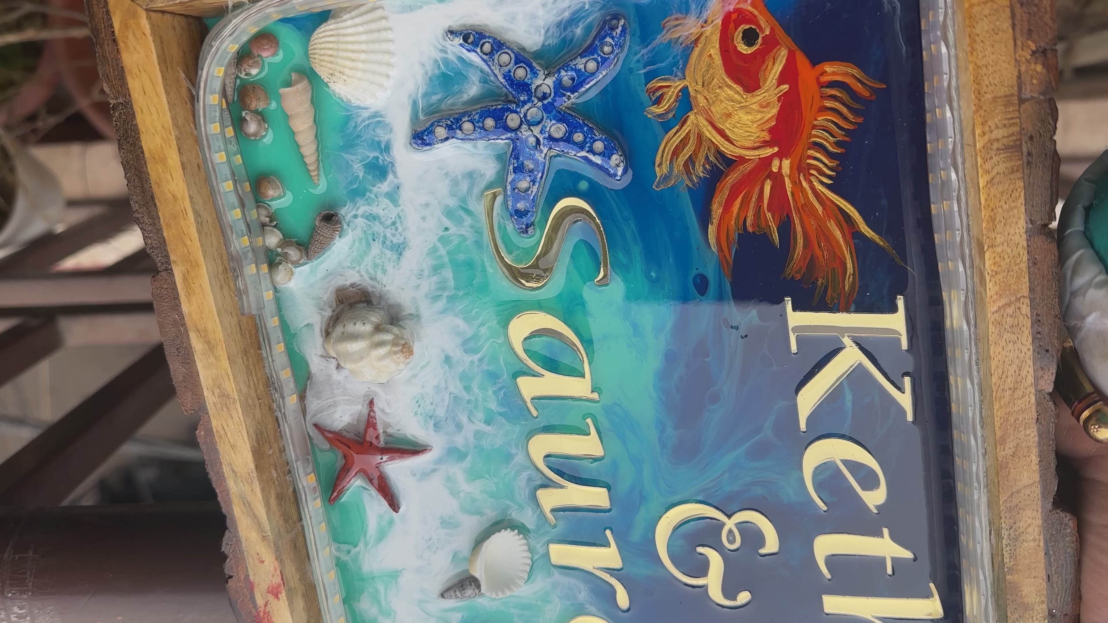 Golden Fish Themed Name Plate  Plate on Wooden Tray