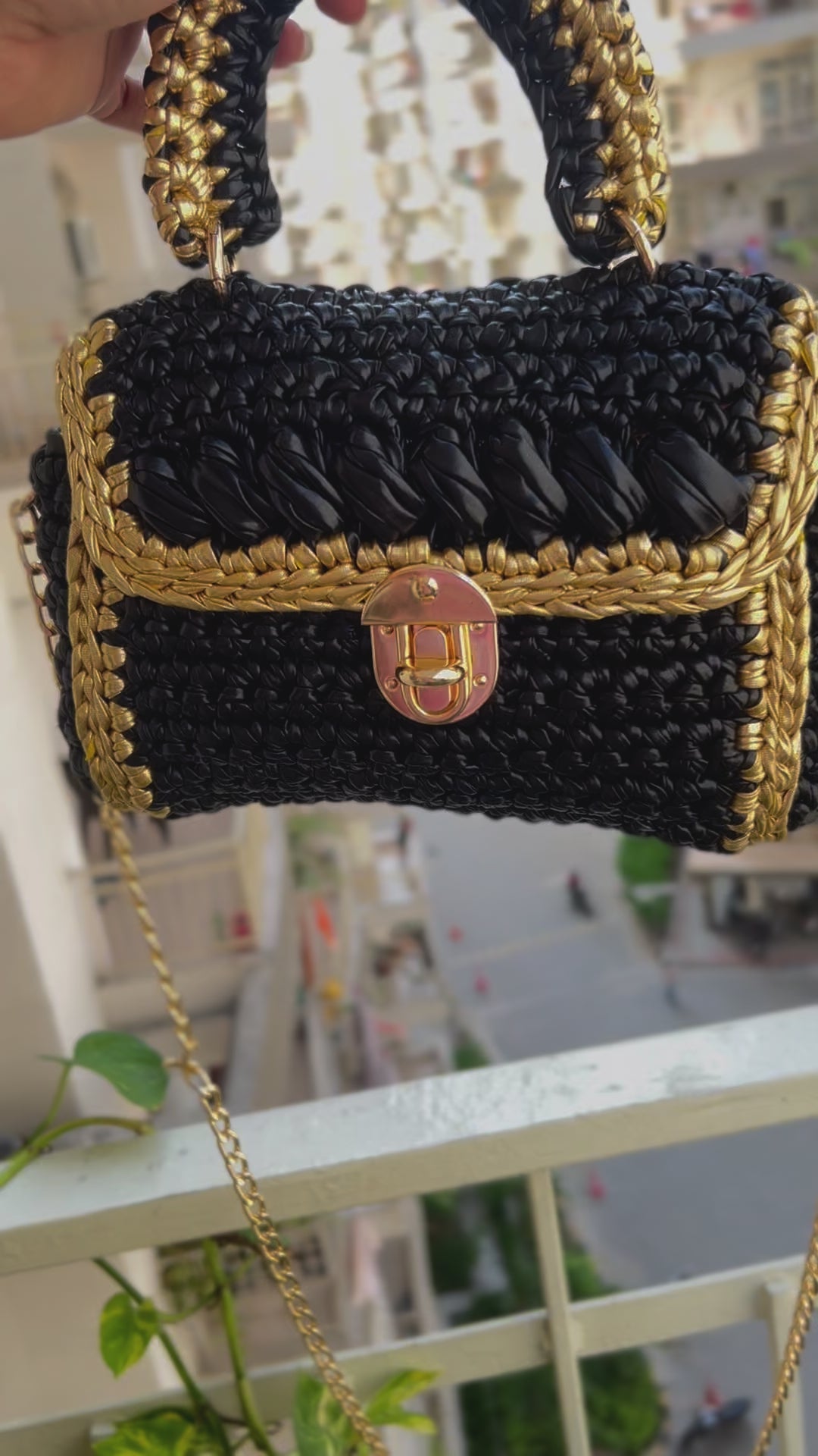 Metallic Black with Golden Accents Handcrafted Crochet Bag